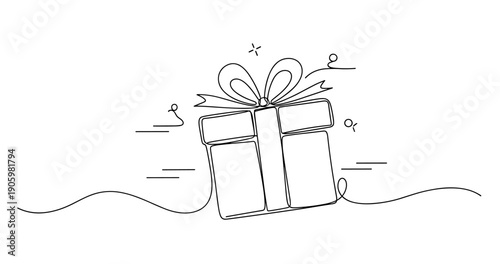 Minimalist line art of a gift box with ribbon and decorative swirls. None editable stroke