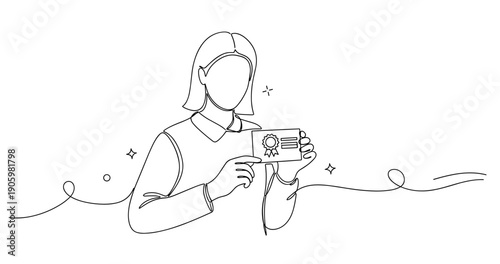 Female adult celebrating achievement with certificate in hand. None editable stroke