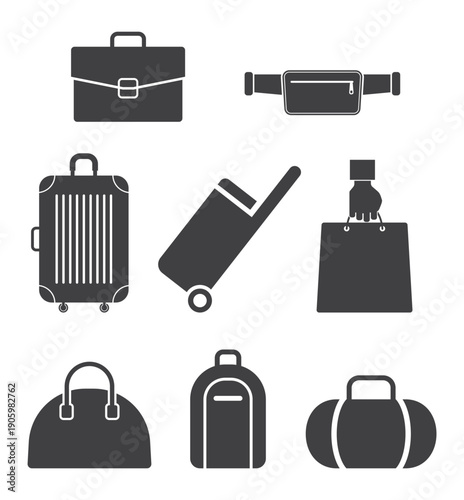various luggage road travel hand bag backpack suitcase icon set