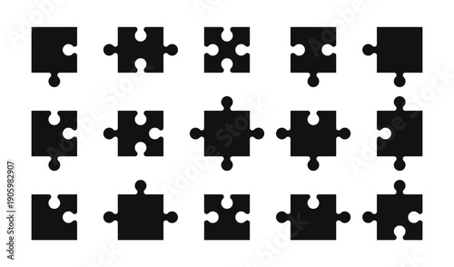 Jigsaw puzzle pieces collection. Individual puzzle elements with various edge shapes. Blank puzzle pieces. Mosaic elements for games, education, teamwork, and presentations. Vector