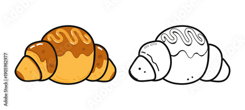 Croissant baking and coloring book cartoon drawing