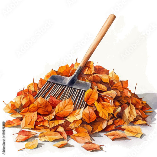 Rake With Leaves, watercolor clipart vector, isolated on a white background.