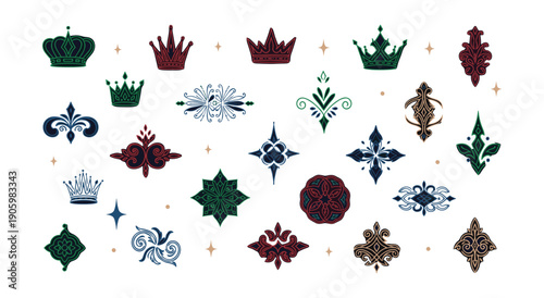Ornate Decorative Embellishments and Crowns in Rich Jewel Tones on White Background