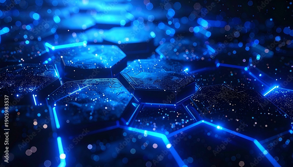 Obraz premium Abstract visualization of hexagonal grid with glowing blue particles