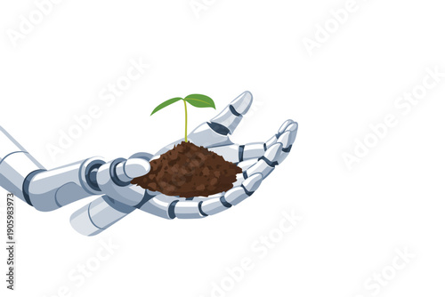Robotic hand carefully holding a handful of soil with a small green sprout growing from it.