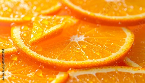 Close-up of fresh orange slices with glistening dew drops on surface