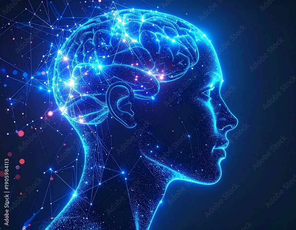 Obraz premium Neon silhouette of a human head with glowing neural connections