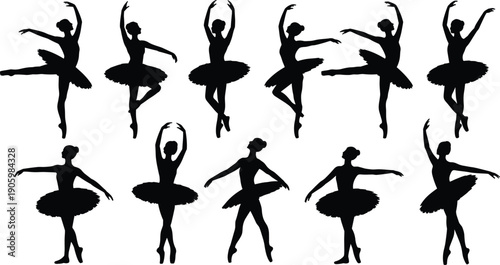 Ballet dancer silhouette set, graceful ballerina performing classical dance poses in tutu, elegant performance and artistic movement collection isolated on white background illustration