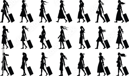 Black silhouette vector illustrations of women walking with rolling suitcases, diverse postures and styles, bold design for travel, tourism, lifestyle, and motion themes