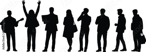 Business people silhouette collection, men and women standing with laptop bag phone and guitar, corporate lifestyle teamwork concept illustration isolated on white background