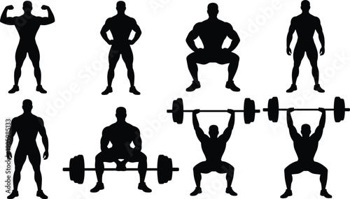 Bodybuilder and weightlifting athlete silhouette set, muscular man fitness poses with barbell squat and overhead press workout training
