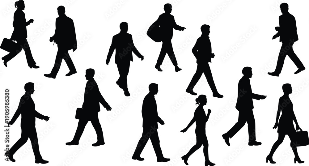 Fototapeta premium Business people walking silhouette set, office workers and professional men women commuting collection for corporate teamwork and urban lifestyle concept isolated