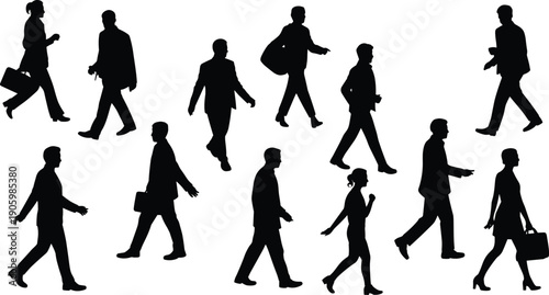 Business people walking silhouette set, office workers and professional men women commuting collection for corporate teamwork and urban lifestyle concept isolated
