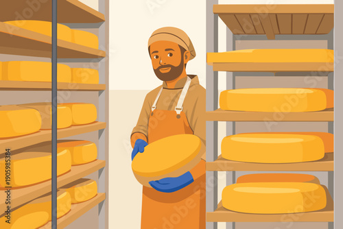 Male baker inspecting large wheels of cheese on aging shelves in a cellar.