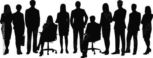 Business team silhouette group, corporate men and women standing and sitting poses, professional office staff figures isolated on white background illustration