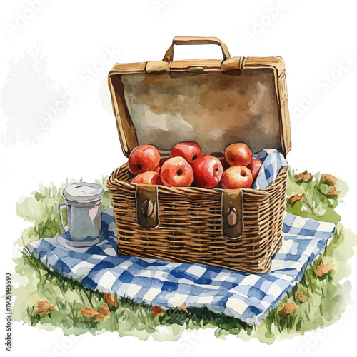 Picnic Basket Summer Blanket, watercolor drawing vector, isolated on a white background.