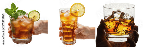 Bild auf Leinwand Set of hands holding various iced cocktails and beverages with lime and mint gar