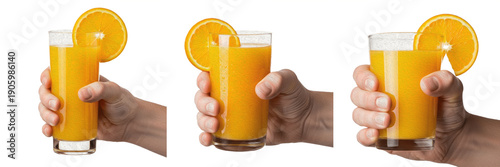 Fotografija Set of hands holding a glass of fresh orange juice with an orange slice garnish