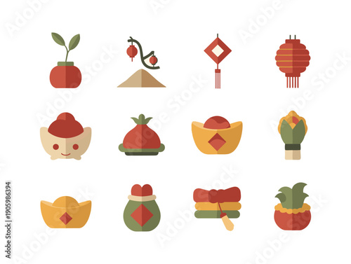 Flat Design Icons Representing Chinese New Year Celebrations and Prosperity vector illustration