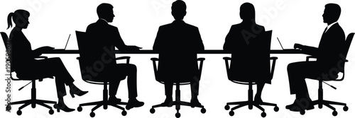 Corporate meeting silhouette illustration, business team sitting at conference table with laptops discussing strategy, professional office teamwork concept isolated on white background