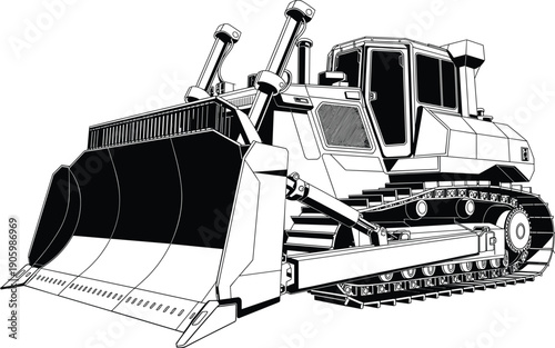 Detailed black‑and‑white vector illustration of bulldozer with front blade, hydraulic arms, cabin, and tracks, design for construction, machinery, industry, and engineering themes