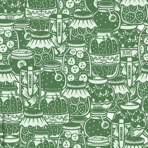 Jar seamless vector pattern with pickles olives kimchi honey preserves hand drawn illustration