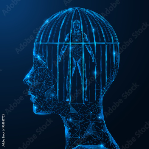 Emotional self-control. The head in which there is a cage with a person inside. The concept symbolizes the inner limitations of the mind, psychological barriers and isolation of freedom of thought.