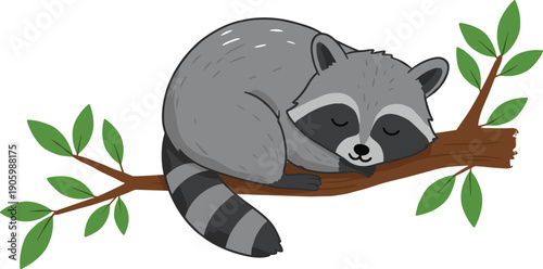 Cute sleeping raccoon on tree branch, cartoon forest animal resting peacefully, adorable wildlife illustration, nature-themed artwork, cozy woodland creature art, relaxing animal pose