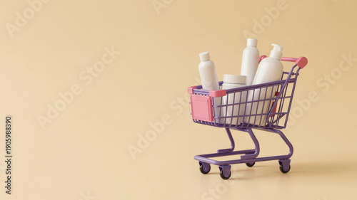 Small purple shopping cart filled with white cosmetic bottles on light beige background