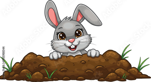 Cute cartoon rabbit peeking from burrow, gray bunny in dirt hole, adorable animal character, springtime nature illustration, happy expression, funny wildlife art, vector design
