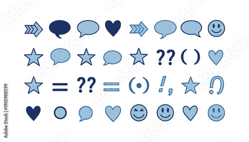 Blue and Navy Blue Geometric Icons Including Arrows Speech Bubbles Stars and Smiley Faces