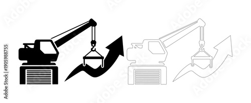 Crane lifting cargo with upward trend arrow symbolizing growth and progress