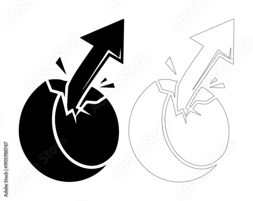 Arrow bursting out of cracked sphere, symbolizing breakthrough and new beginnings.