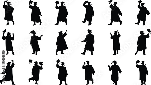 Graduation silhouette collection of students celebrating success, college and university graduates holding diploma, cap and gown figures isolated on white background