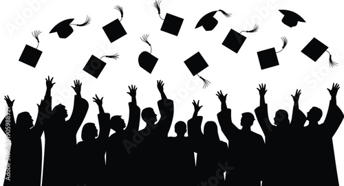 Graduation crowd silhouette, students celebrating and throwing mortarboard caps in the air, academic achievement and university ceremony success concept isolated on white background