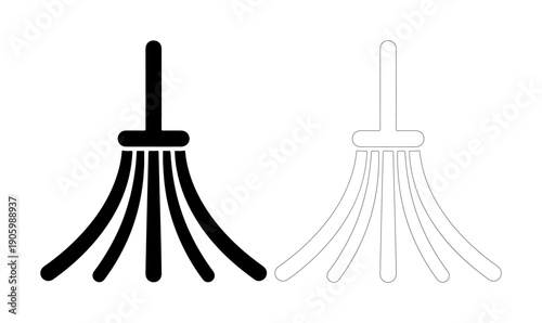 Simple illustration of a broom and dustpan, one solid and one outline, for cleaning concept