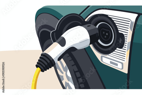 Electric car charging at a modern power station with a yellow cable plug.