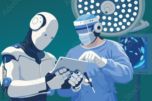 Professional medical team collaborating with a robot in a modern operating room.