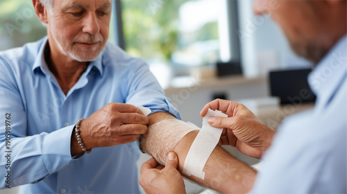 Doctor making dressing of wound on arm of elderly patient, removing adhesive bandage, wound care procedure, medical dressing change, faceless doctor working, defocused patient