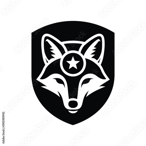 Fox Head with combined in shield and star badge silhouette Vector illustration design