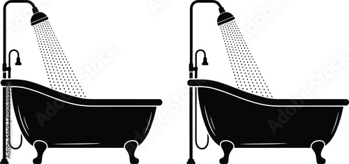 Luxury bathtub silhouette with shower set, modern bathroom spa concept, black icon illustration of bath tub with water spray isolated on white background