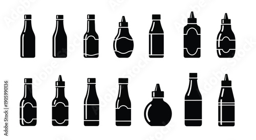 Various condiment bottles arranged in rows black silhouette