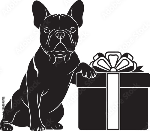 French Bulldog Silhouette with Gift Box Vector for Birthday and Holiday Designs