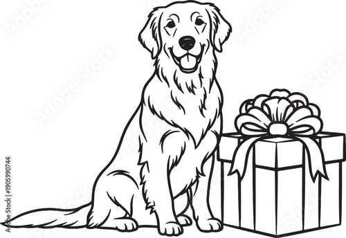 Happy Golden Retriever Dog with Gift Box Line Art Illustration
