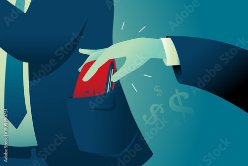 Hand in a business suit secretly taking a wallet from another person pocket. Money theft. Illustration symbolizes stealing, corruption, financial fraud, and hidden threats in business and economy.
