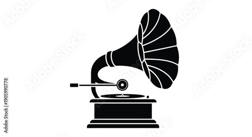 Vintage gramophone illustration in a striking black silhouette