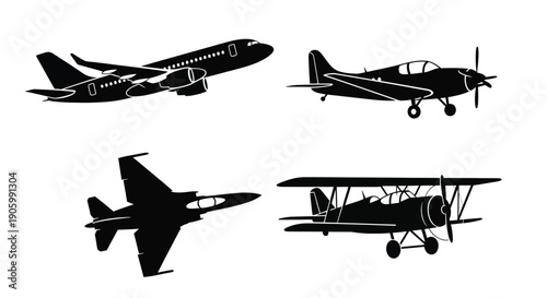 Four aircraft in flight depicted as a striking black silhouette