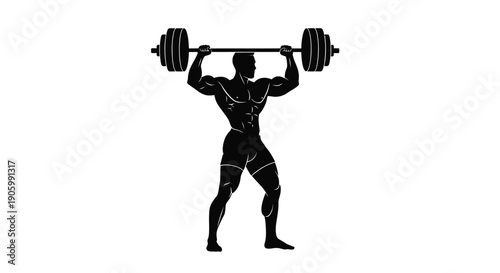 A muscular man lifting a barbell overhead a striking silhouette
