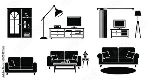 Minimalist living room furniture arrangement in stark black silhouette