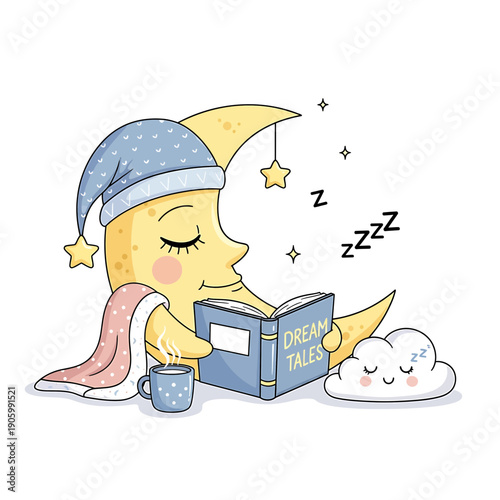 Adorable Moon Girl Reading Bedtime Story with Sleeping Cat and Cute Mug – Goodnight Vector Illustration

